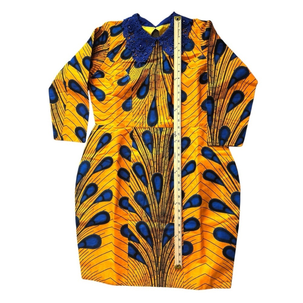 Vibrant African Print Yellow and Blue Long Sleeve Dress with Collared Beading - Picture 9 of 9